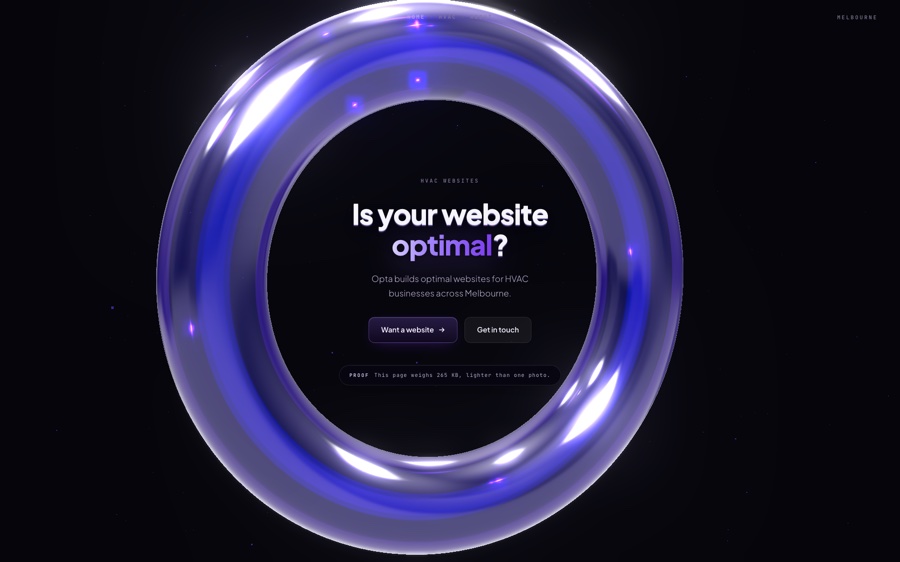 opta.au homepage: a glossy purple ring on black, the headline Is your website optimal? centred inside it, over the line Opta builds optimal websites for HVAC businesses across Melbourne
