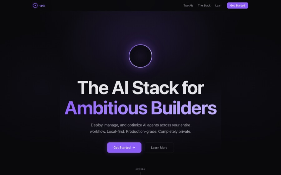 optastack.ai homepage: the AI stack for ambitious builders, with the six-app stack listed